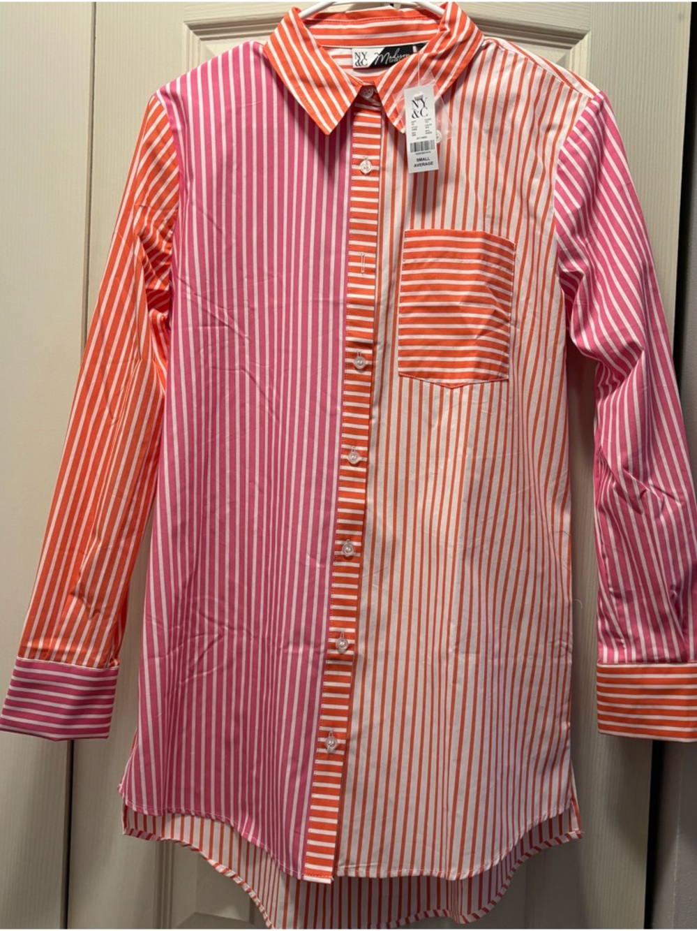 New York & Company Pink and Orange Striped Button-Down Shirt